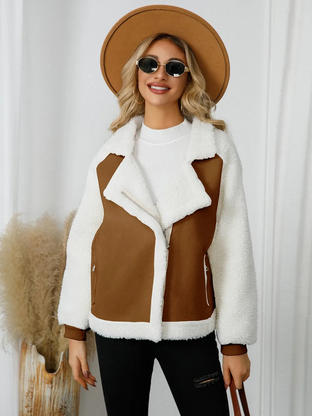Pocketed Sherpa Zip Up Long Sleeve Jacket | Jackets Daverri Fashions
