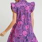 Umgee Full Size Printed Ruffle Cap Sleeve Babydoll Dress NAVY PINK XL Babydoll Dresses