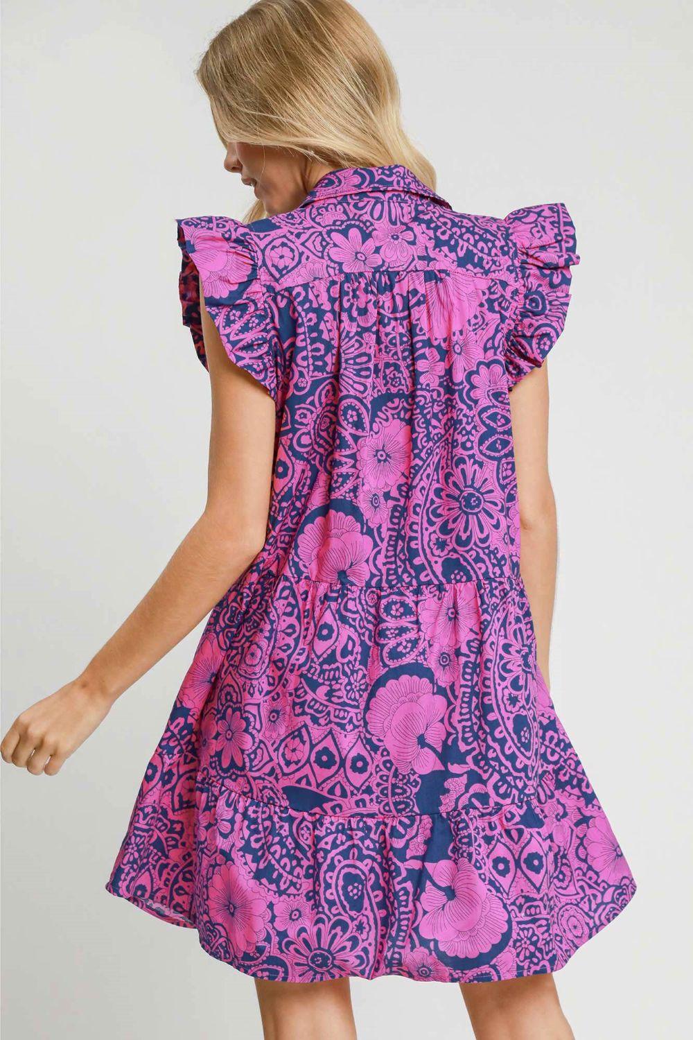 Umgee Full Size Printed Ruffle Cap Sleeve Babydoll Dress NAVY PINK XL Babydoll Dresses