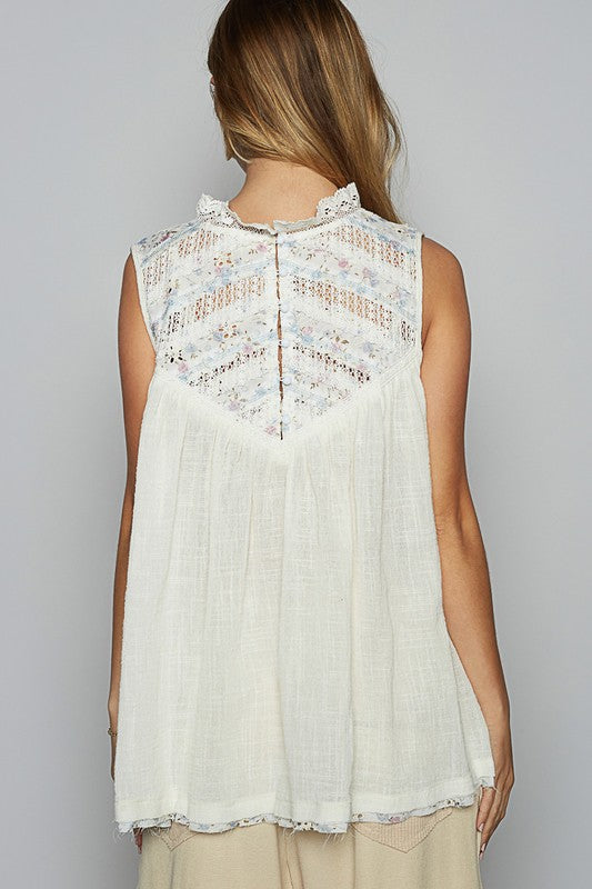 POL Lace Detail Floral Sleeveless Rayon Gauze Top Tops