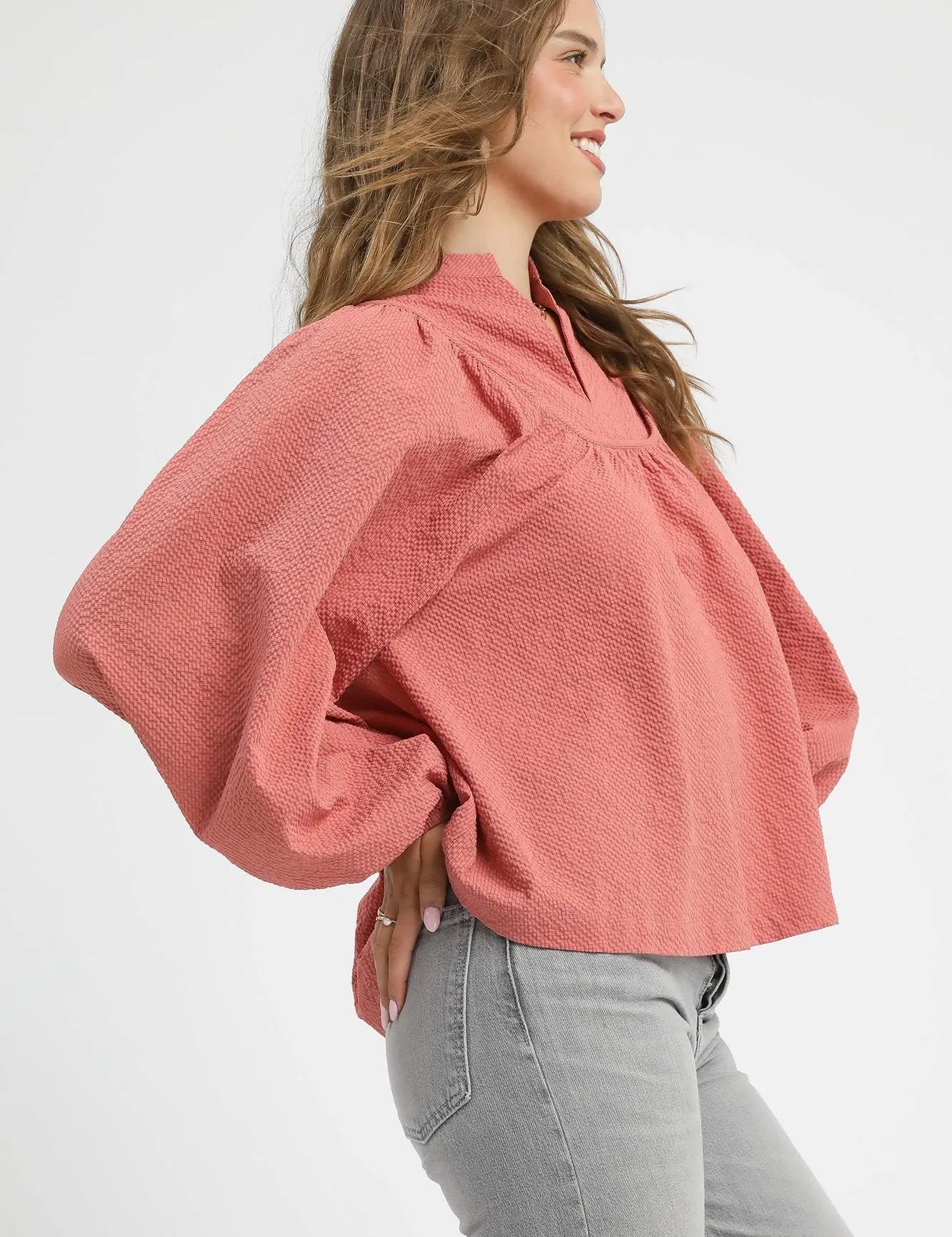 Umgee Textured Notched Blouse with Balloon Sleeves | Blouses Daverri Fashions