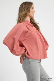Umgee Textured Notched Blouse with Balloon Sleeves | Blouses Daverri Fashions