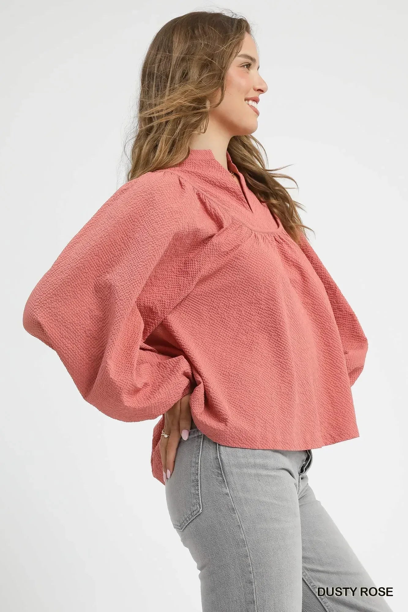 Umgee Textured Notched Blouse with Balloon Sleeves - DAVERRI FASHIONS