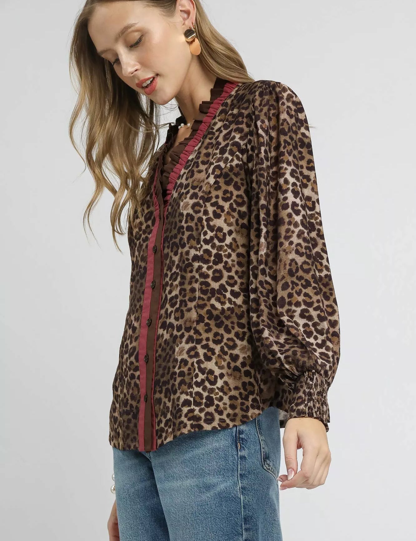 Umgee Ruffle Trim Leopard Print Shirt | Shirts Daverri Fashions