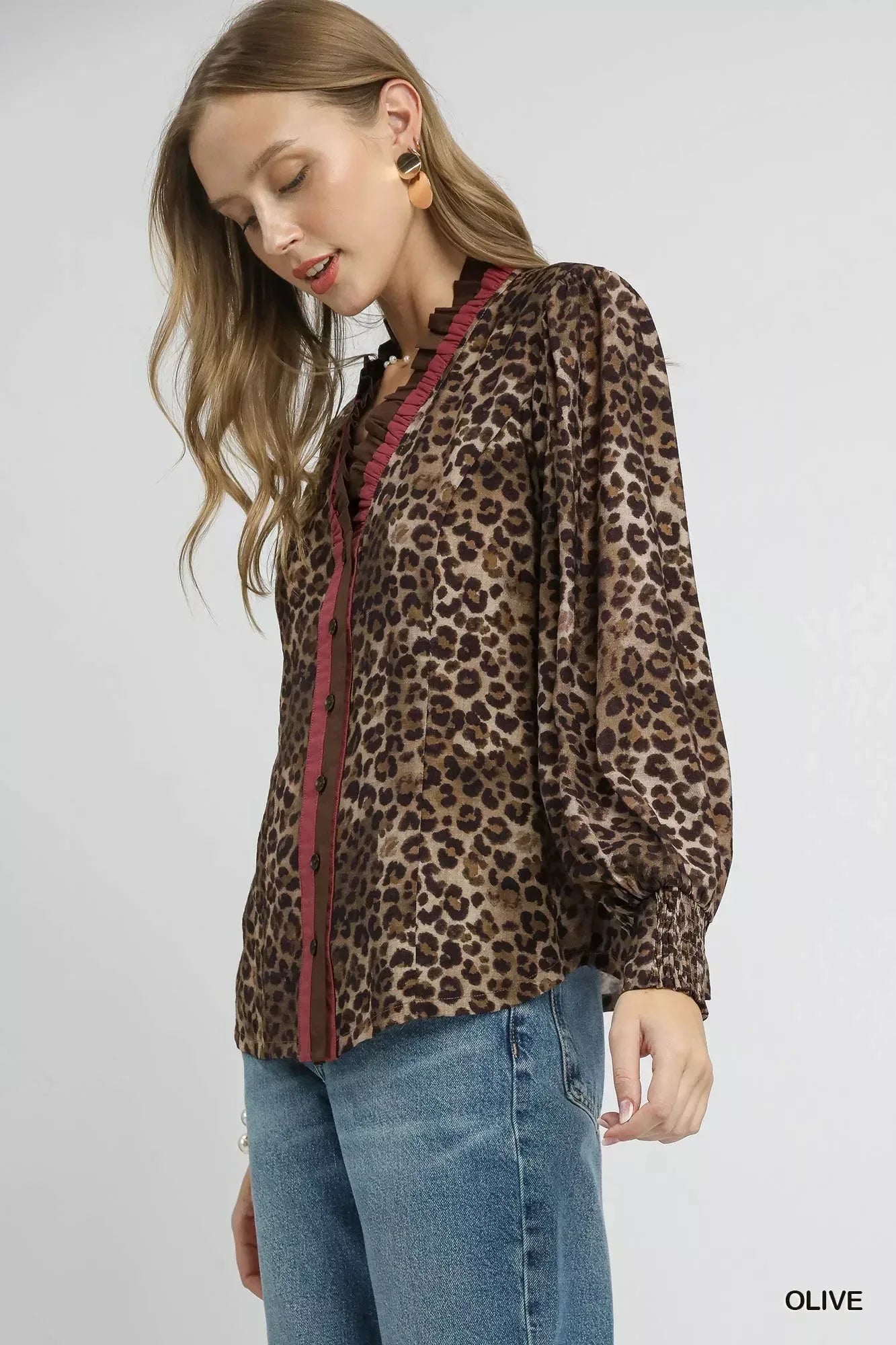 Umgee Ruffle Trim Leopard Print Shirt - DAVERRI FASHIONS