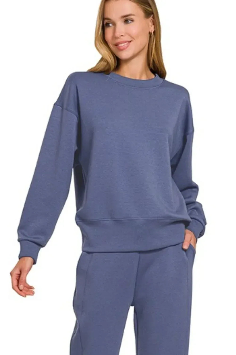 Zenana Scuba Crewneck Pullover & Joggers 2 Pieces Set Indigo - DAVERRI FASHIONS