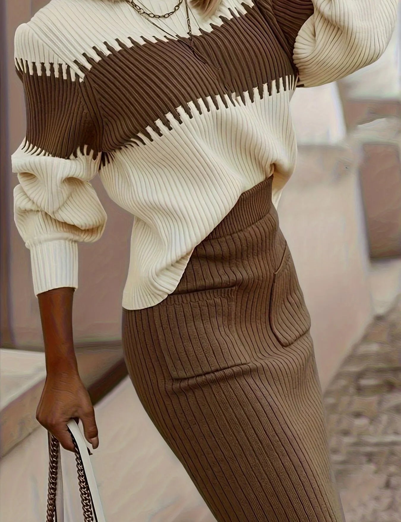 Two-Tone Ribbed Knit Top and Skirt Sweater Set | Outfit Sets Daverri Fashions
