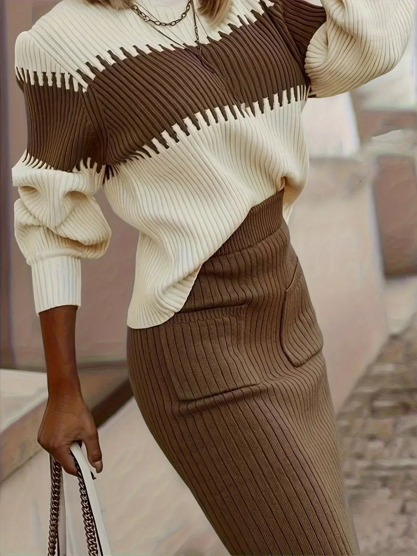 Two-Tone Ribbed Knit Top and Skirt Sweater Set - DAVERRI FASHIONS