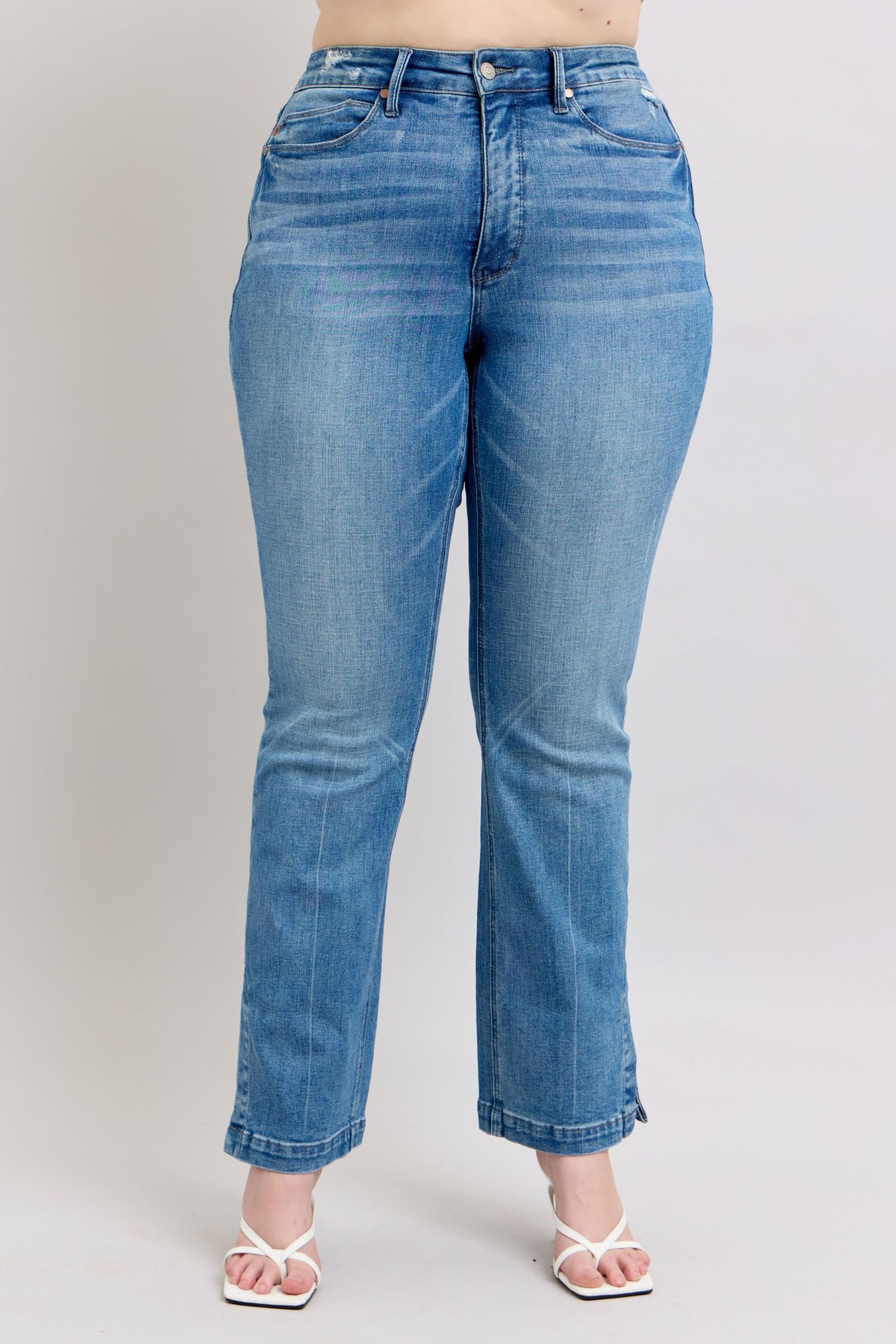 Judy Blue HW Tummy Control Vintage Wash Side Slit Slim Boot Jeans