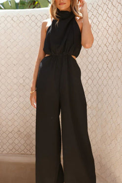 Black sleeveless high-neck jumpsuit with cinched waist and cutout sides