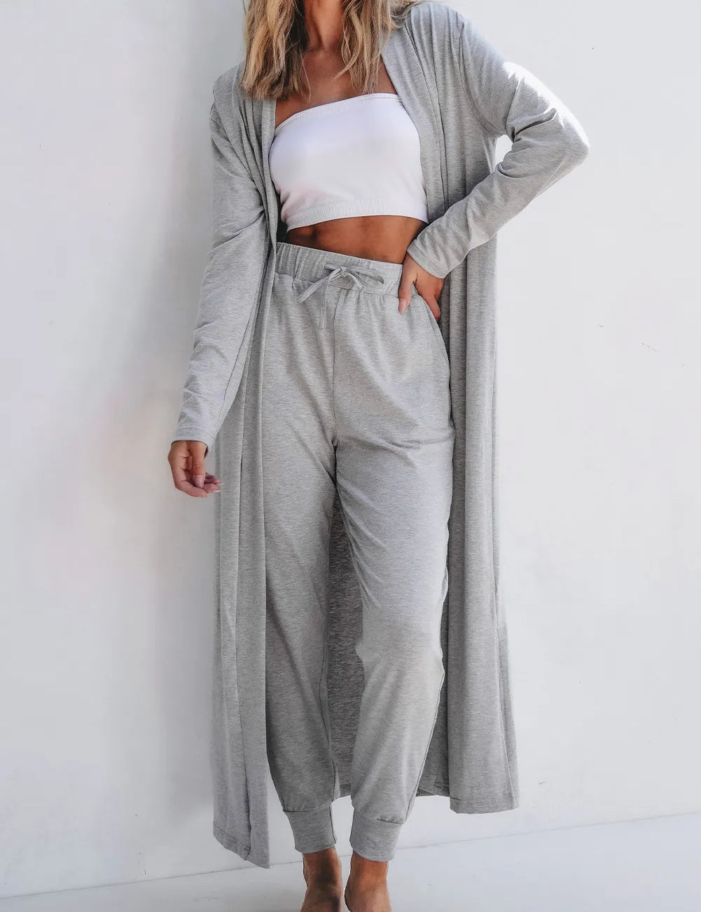 Gray Open Front Long Sleeve Cardigan and Pants Lounge Set | Loungewear Sets Daverri Fashions