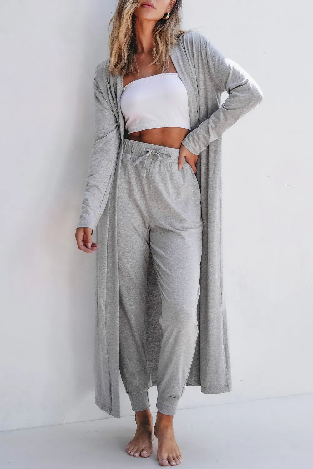 Open Front Long Sleeve Cardigan and Pants Lounge Set Gray Outfit Sets