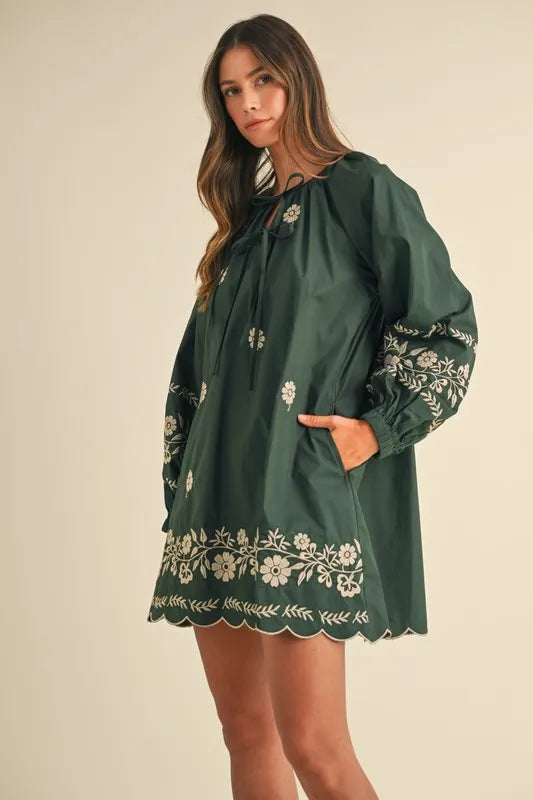 MABLE Embroidered Long Sleeve Peasant Mini Dress