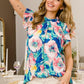 BiBi Floral Round Neck Ruffled Cap Sleeve Blouse PINK MINT XL Blouses