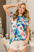 BiBi Floral Round Neck Ruffled Cap Sleeve Blouse PINK MINT XL Blouses
