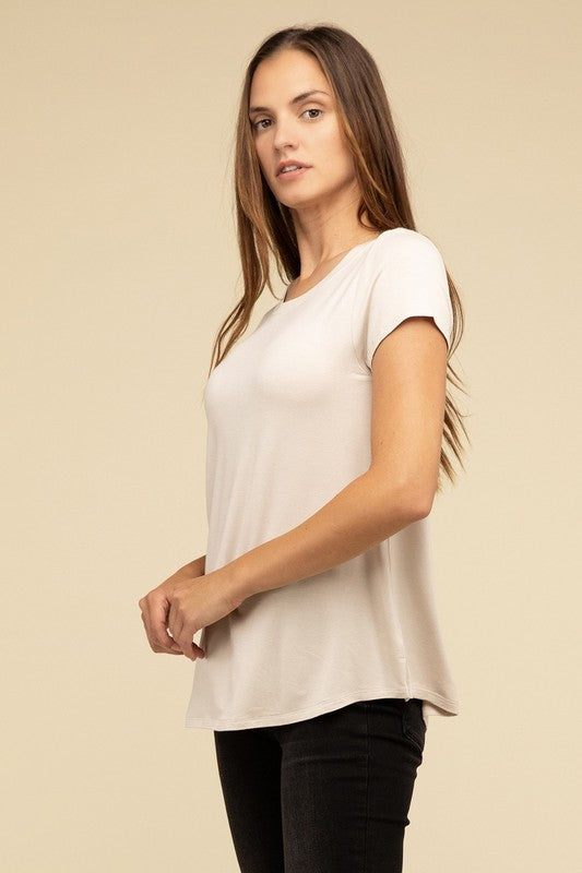 Flowy Round Hem Rayon Short Sleeve Top T-Shirts