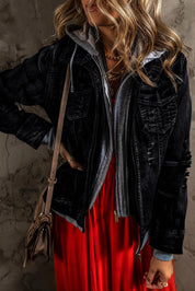 Black Faux Two-Piece Hooded Zip-Up Denim Jacket | Denim Jackets Daverri Fashions