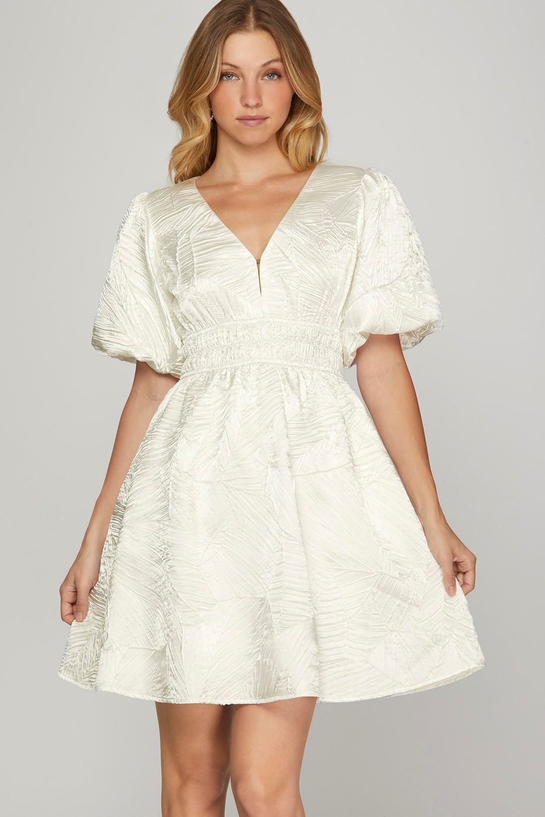 She + Sky Crinkle Woven V-Neck Balloon Sleeve Mini Dress OFF WHITE Mini Dresses