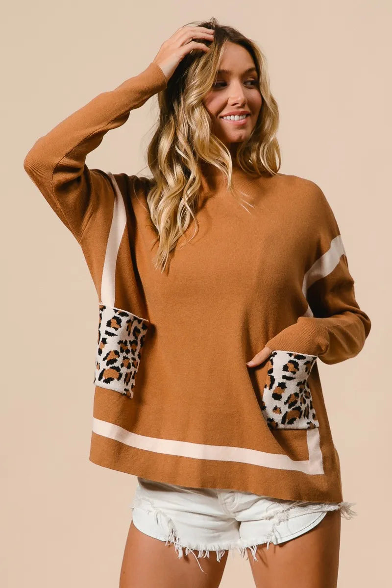 BiBi Mock Neck Sweater with Leopard Pocket Sweaters