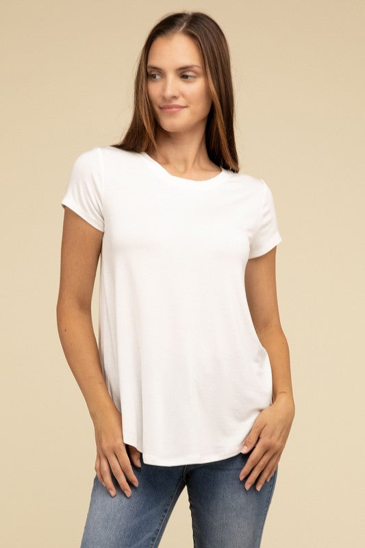Flowy Round Hem Rayon Short Sleeve Top T-Shirts