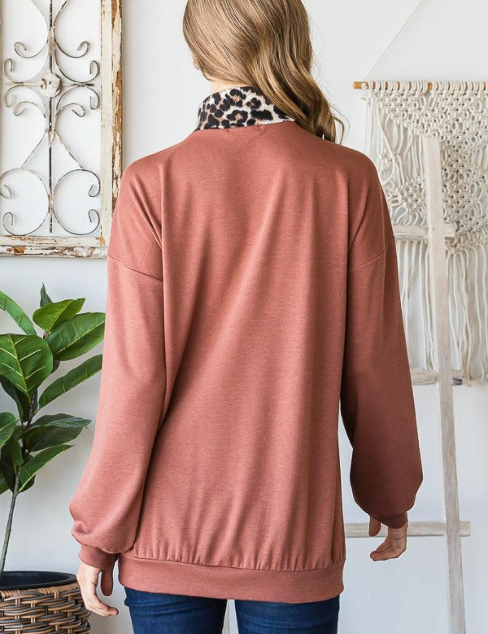 Heimish Full Size Leopard Quarter Zip Mock Neck Sweatshirt | Daverri Fashions