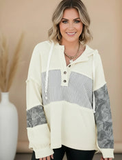 Cream and gray camo waffle knit striped drawstring hoodie