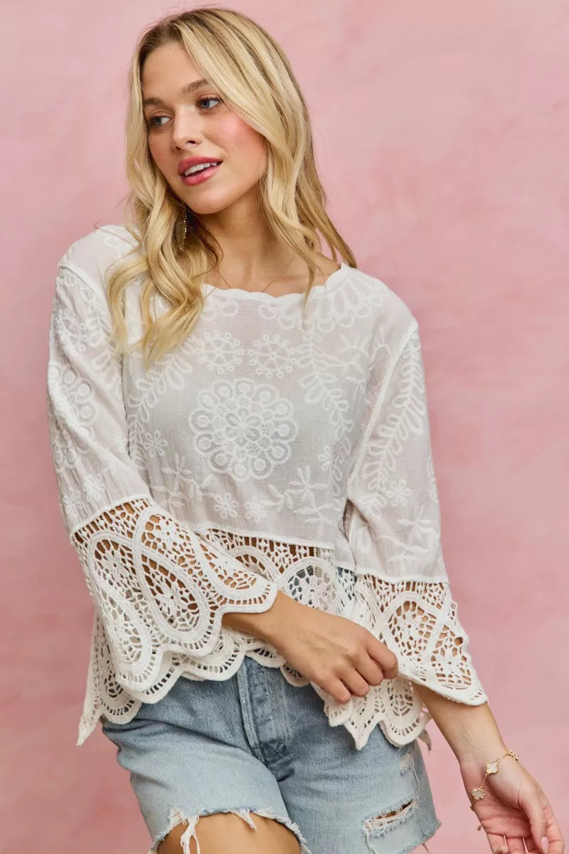 SO ME floral embroidered crochet lace trimmed top with scalloped sleeves