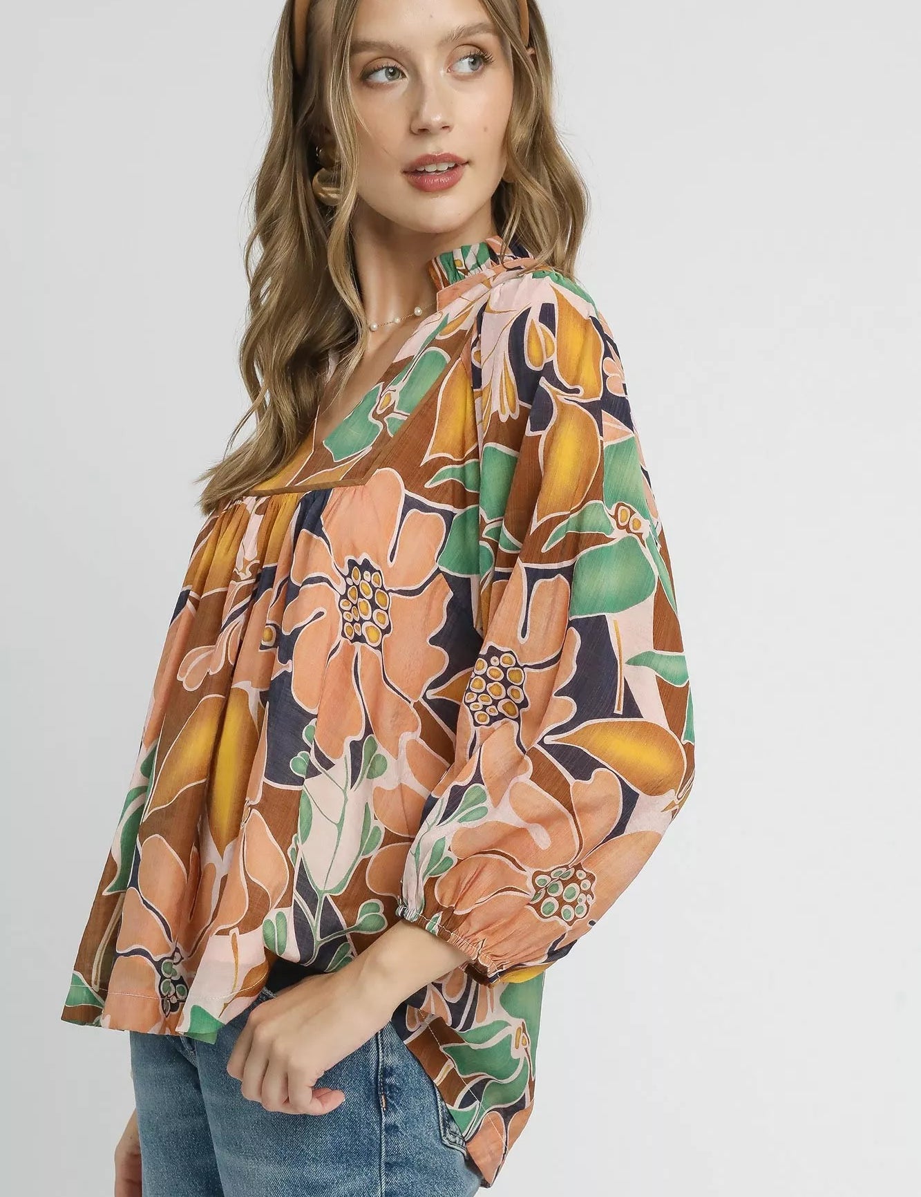 Umgee Multicolor Abstract Floral Print Blouse with Ruffle Neck | Daverri Fashions