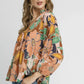 Umgee Multicolor Abstract Floral Print Blouse with Ruffle Neck - DAVERRI FASHIONS