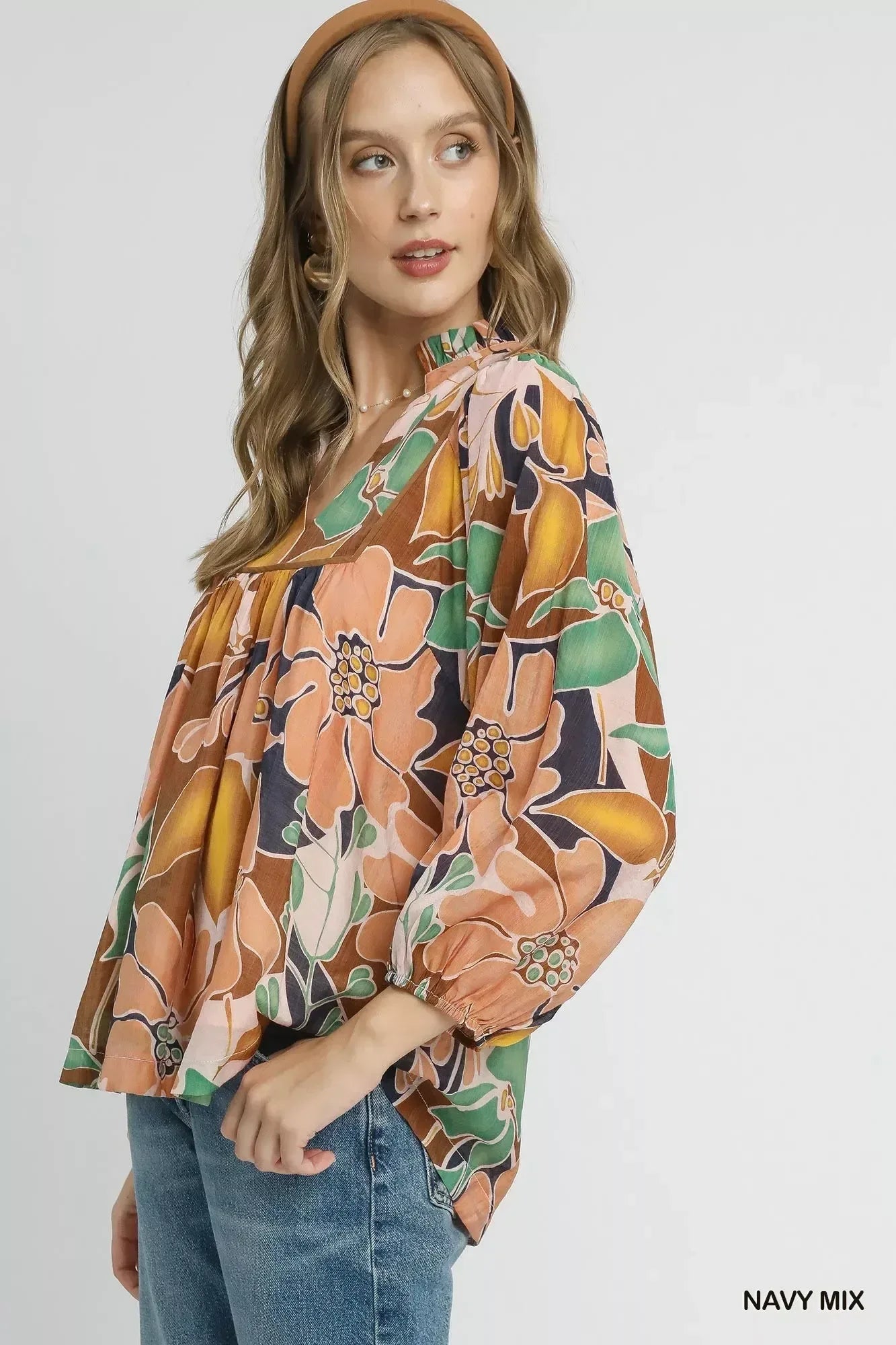 Umgee Multicolor Abstract Floral Print Blouse with Ruffle Neck - DAVERRI FASHIONS