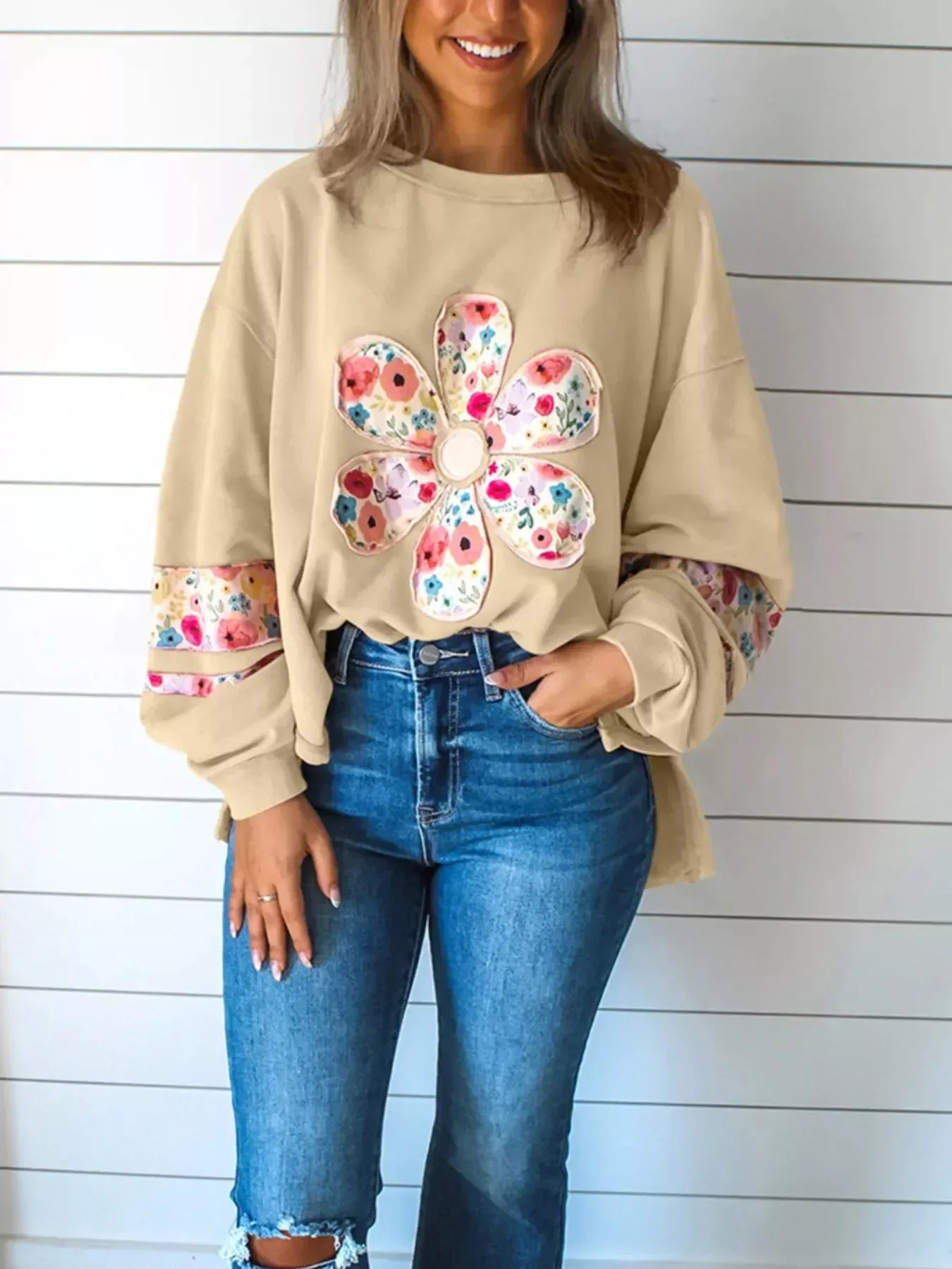 Oversized Floral Applique Drop Shoulder Sweatshirt - DAVERRI FASHIONS