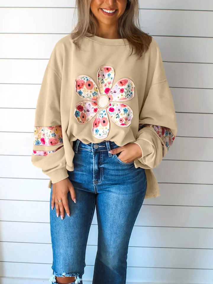 Beige Oversized Floral Applique Drop Shoulder Sweatshirt | Sweatshirts Daverri Fashions