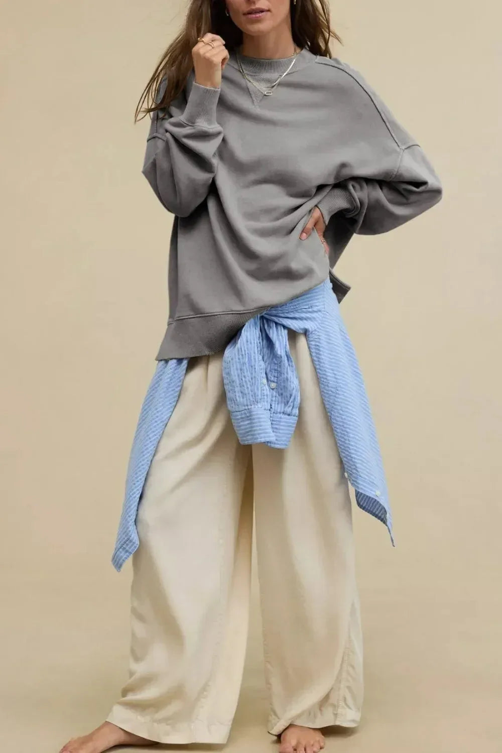 Side Slit Round Neck Long Sleeve Sweatshirt - DAVERRI FASHIONS