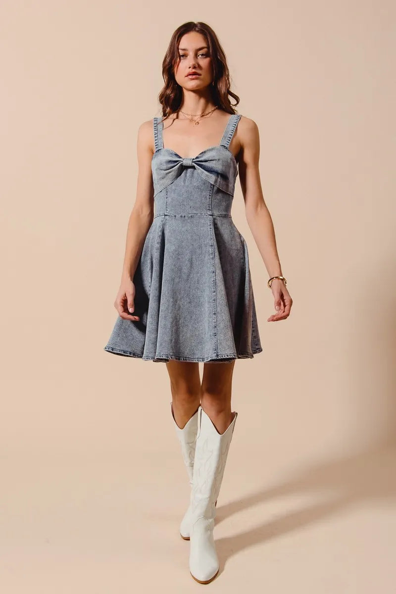 SO ME Mineral Washed Bow Ribbon Denim Flare Dress Mini Dresses