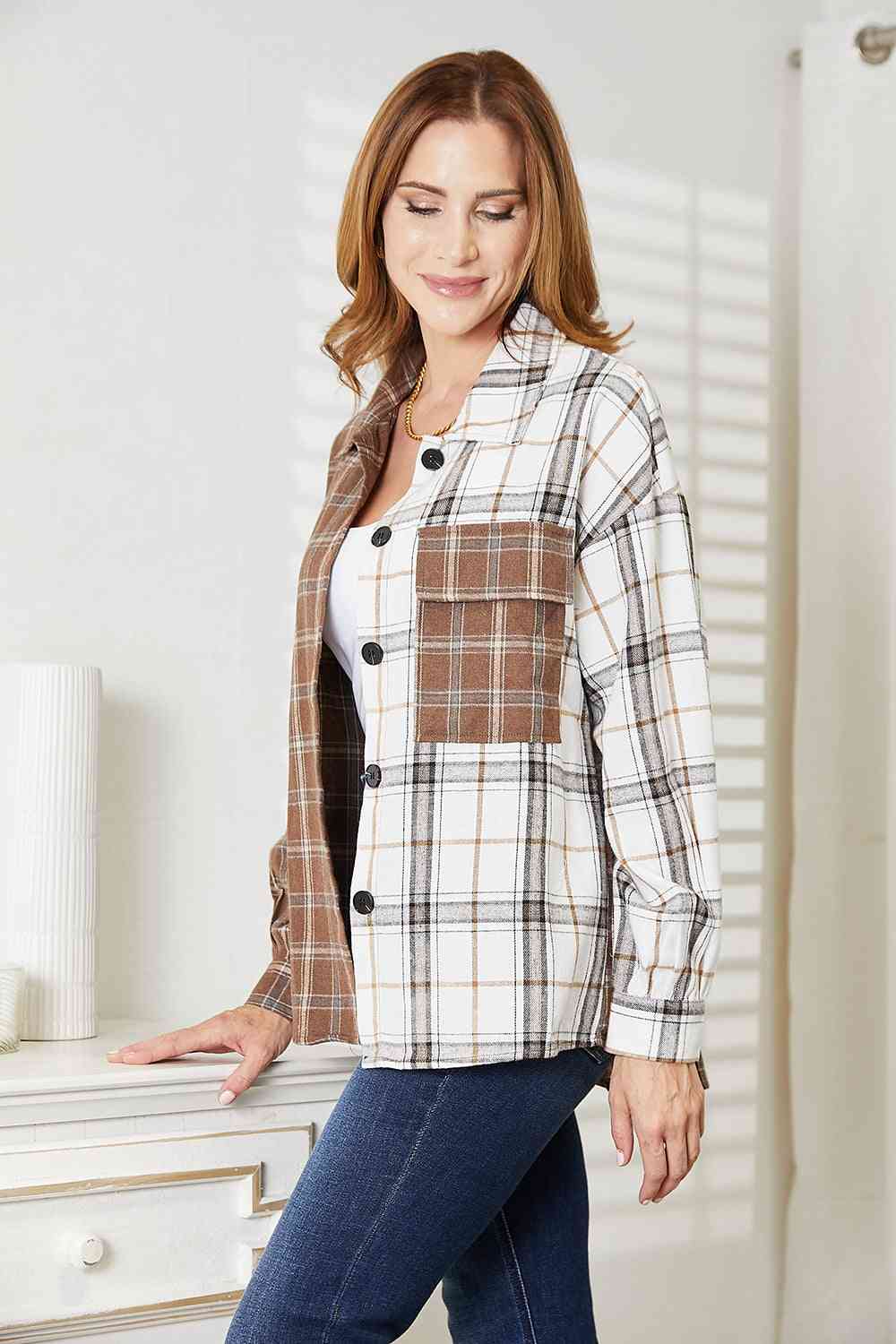 Double Take Plaid Contrast Button Up Shirt Jacket Shackets