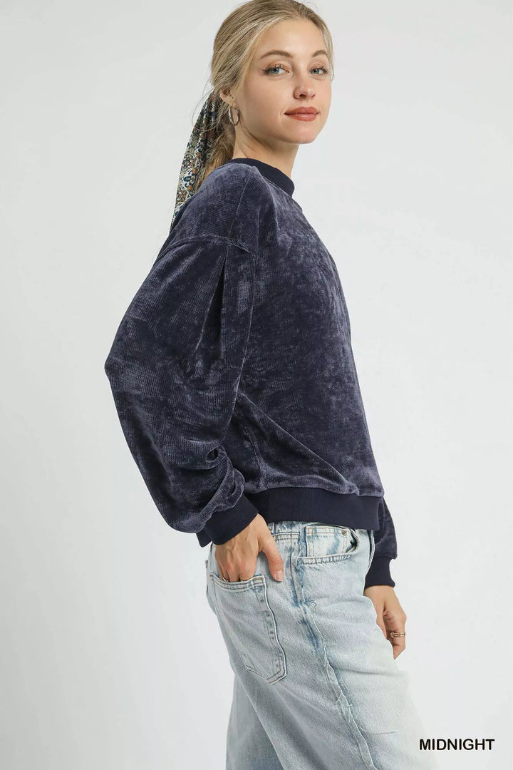 Umgee Velour Crewneck Balloon Sleeve Sweatshirt | Sweatshirts Daverri Fashions