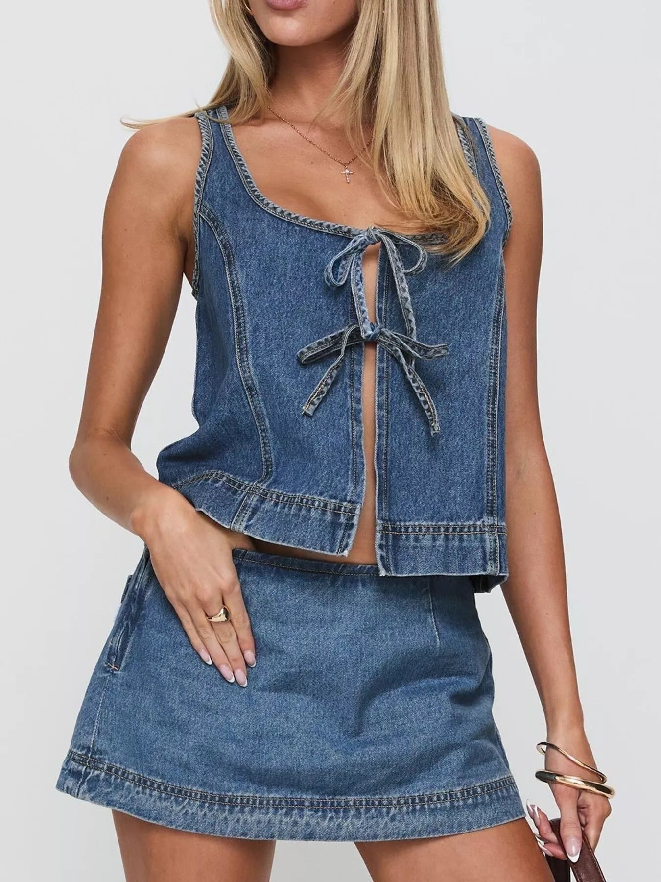 Daverri tie-front sleeveless denim tank with frayed hem