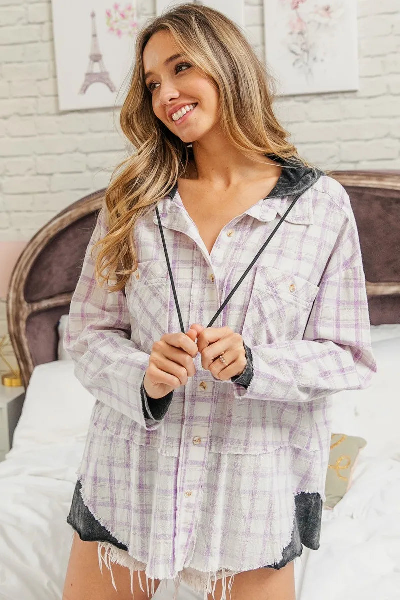 BiBi Casual Check Shirts With Hood Tops