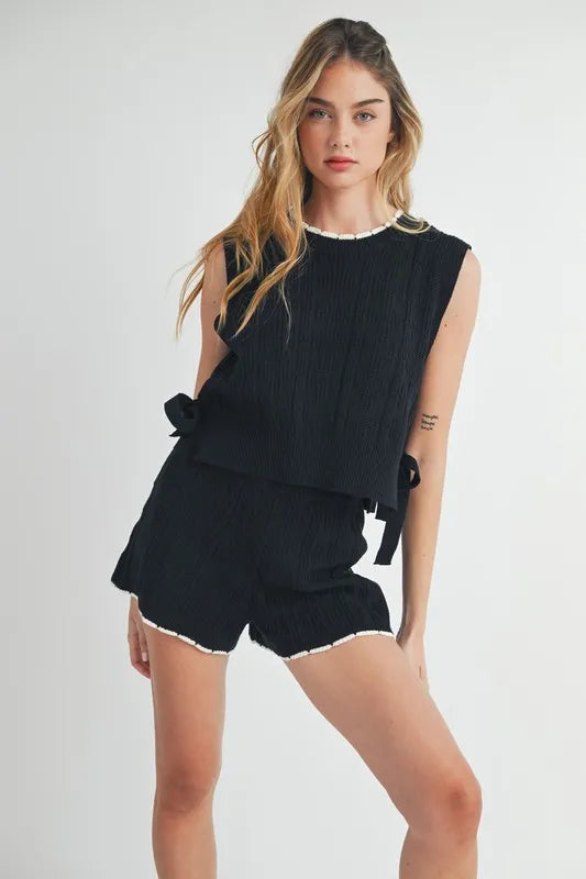 MABLE Side Tie Detail Knit Vest and Shorts Set Black Shorts Sets