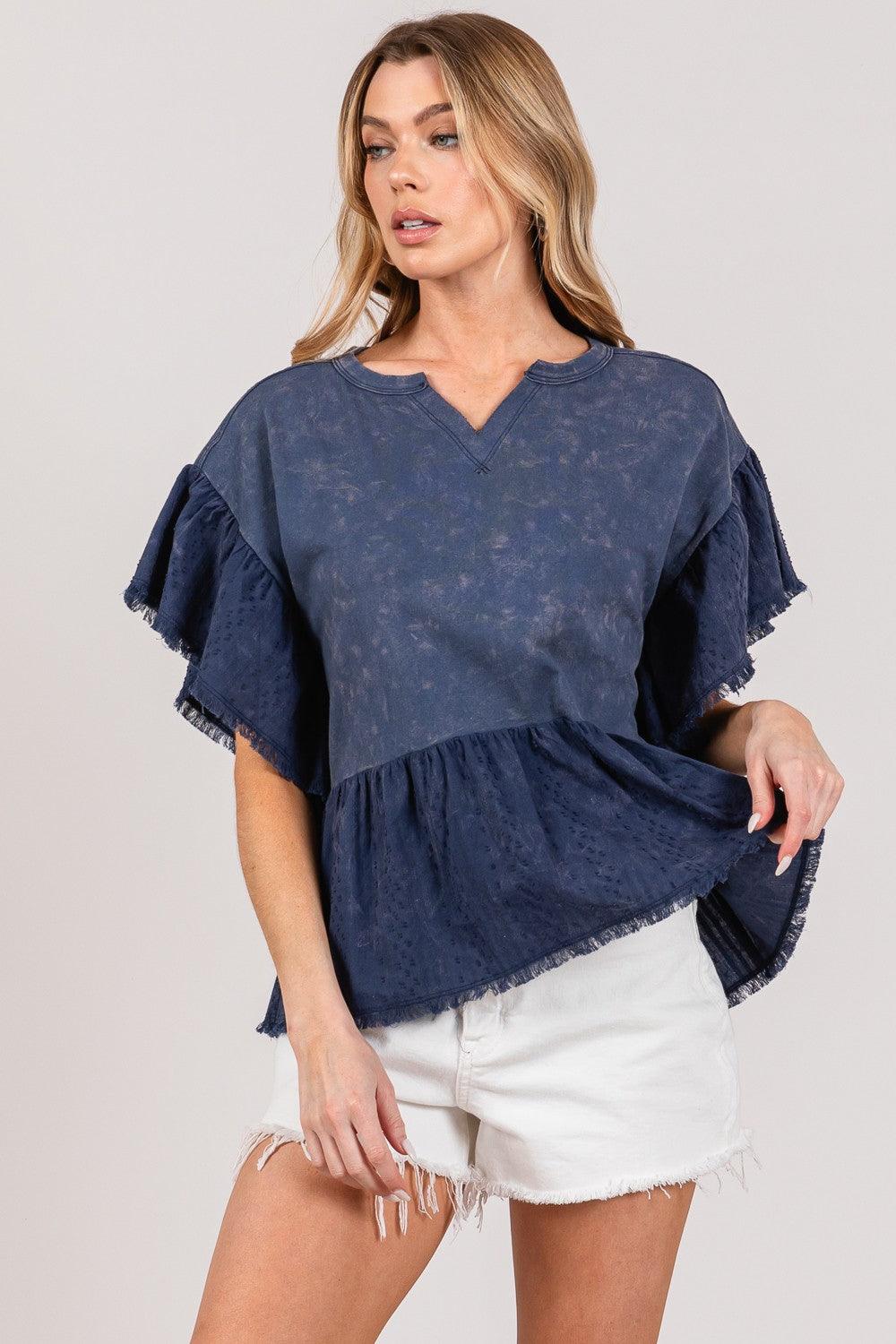 SAGE + FIG Ruffle Sleeve Washed Short Sleeve Blouse Blouses