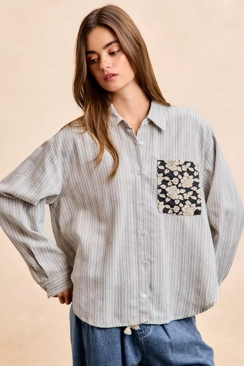 BiBi Flower jacquard knit patch pocket stripe shirt in gray white