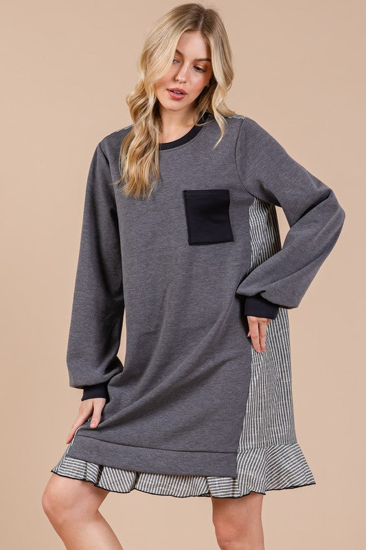 Ces Femme Striped Patchwork Round Neck Terry Sweatshirt Dress