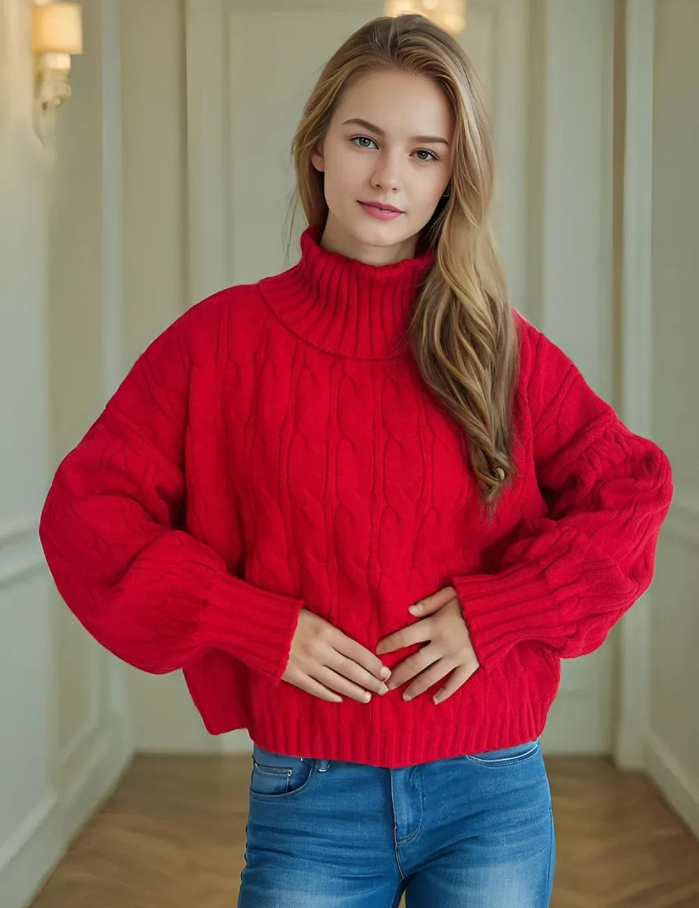 Red oversized cable-knit turtleneck sweater with balloon sleeves