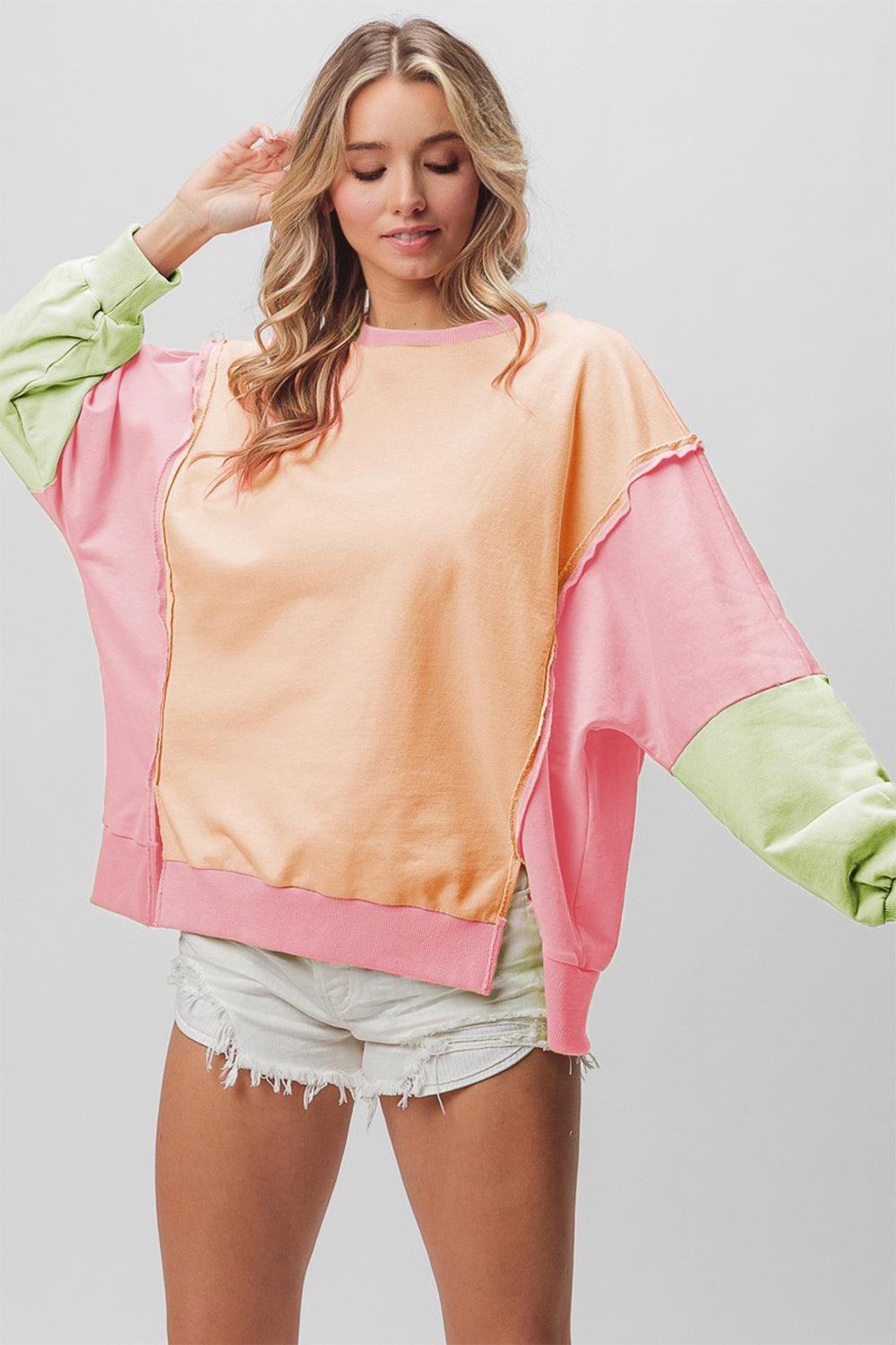 BiBi Washed Color Block Sweatshirt Apricot Pink Sage M Sweatshirts