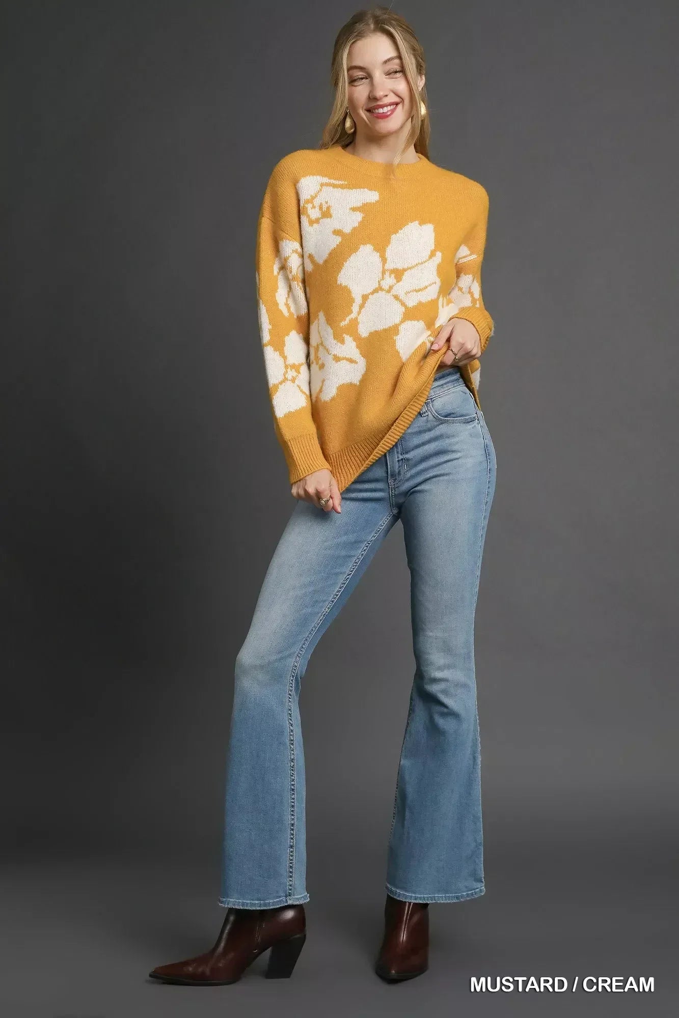Umgee Floral Long Sleeve Sweater Mustard - DAVERRI FASHIONS