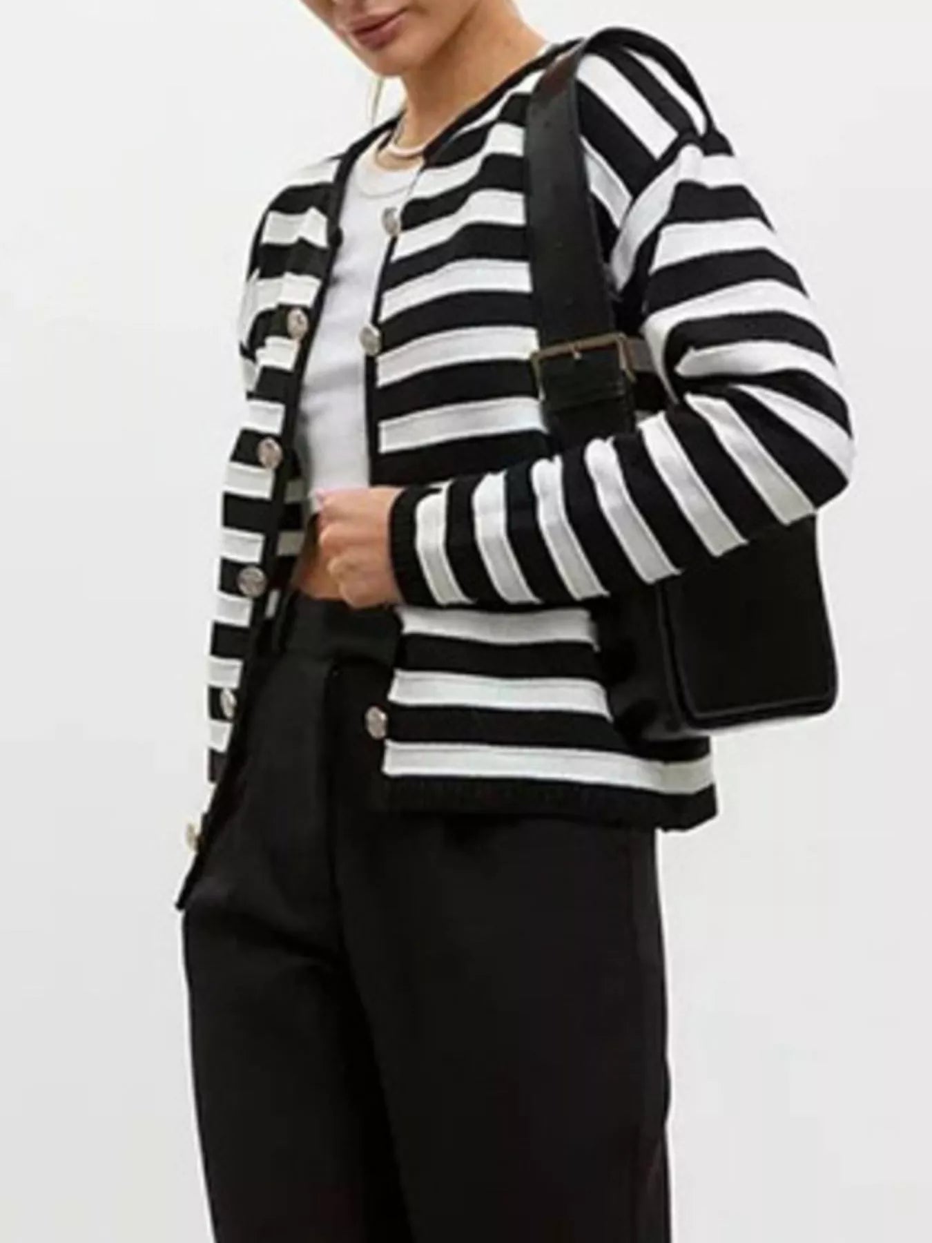 Daverri Fashions black and white striped knit cardigan with silver buttons