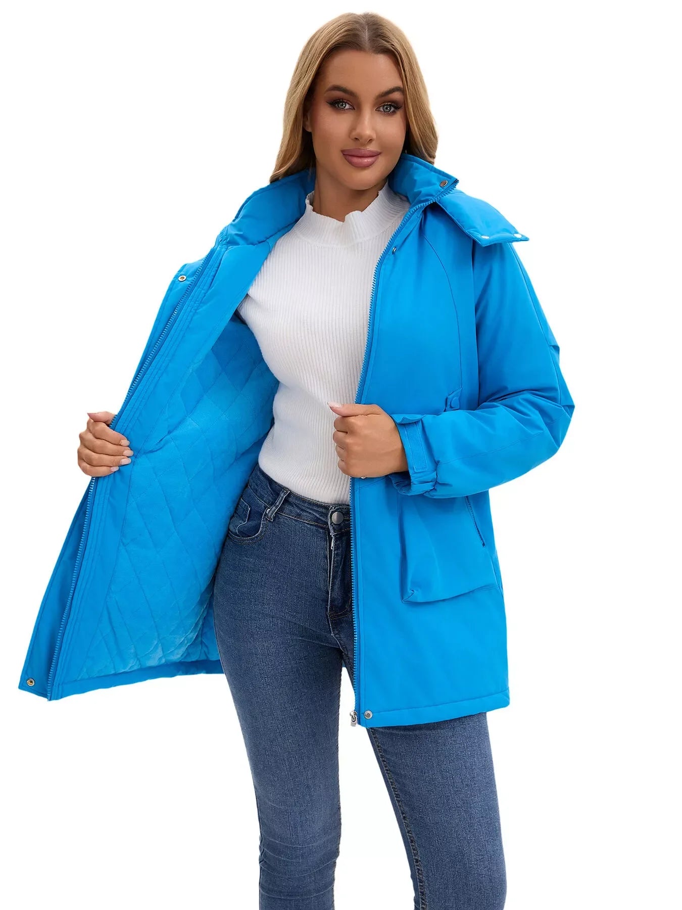 Bright blue Daverri Fashions hooded puffer coat, plus size