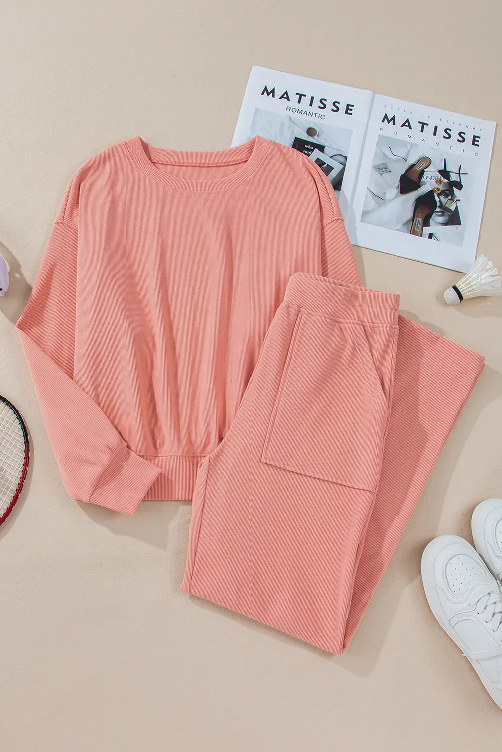 Round Neck Long Sleeve Top and Pants Set | Loungewear Sets Daverri Fashions
