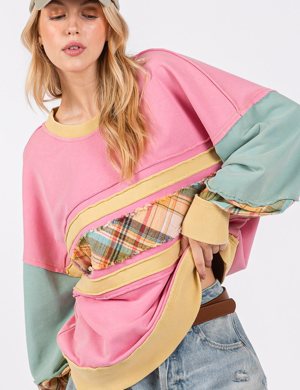 Mineral Washed Raw Edge Color Block Sweatshirt Barbie Pink S Tops