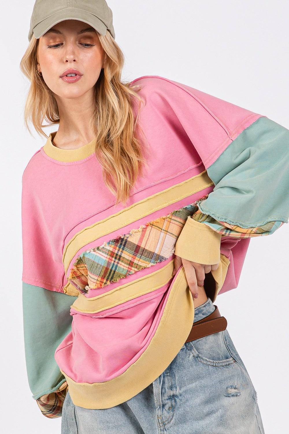 SAGE + FIG Mineral Wash Raw Edge Color Block Sweatshirt Barbie Pink Sweatshirts